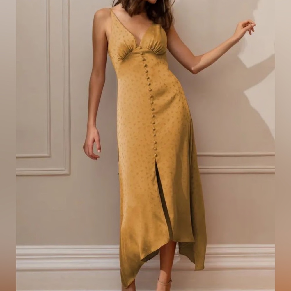 Jenny Yoo Mustard Yellow Midi Dress with Button Front